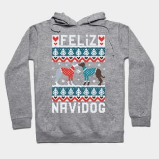 Feliz Navidog witty wordplay fair isle greyhounds // spot // grey background cute dogs dressed with teal and red knitted Christmas ugly sweaters pixel art Hoodie